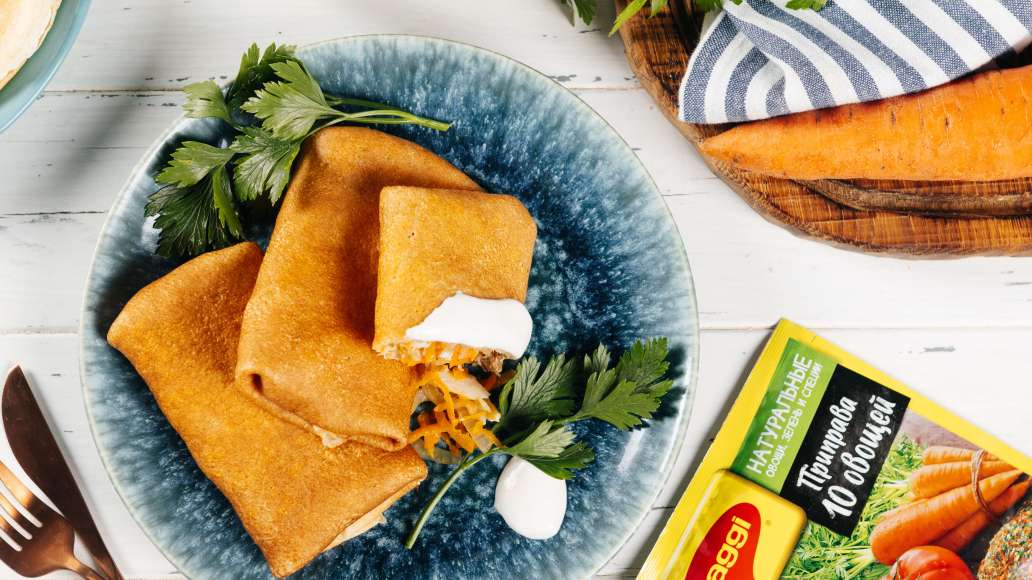 Блины с тушеной рыбой - рецепт приготовления с фото от Maggi.ru