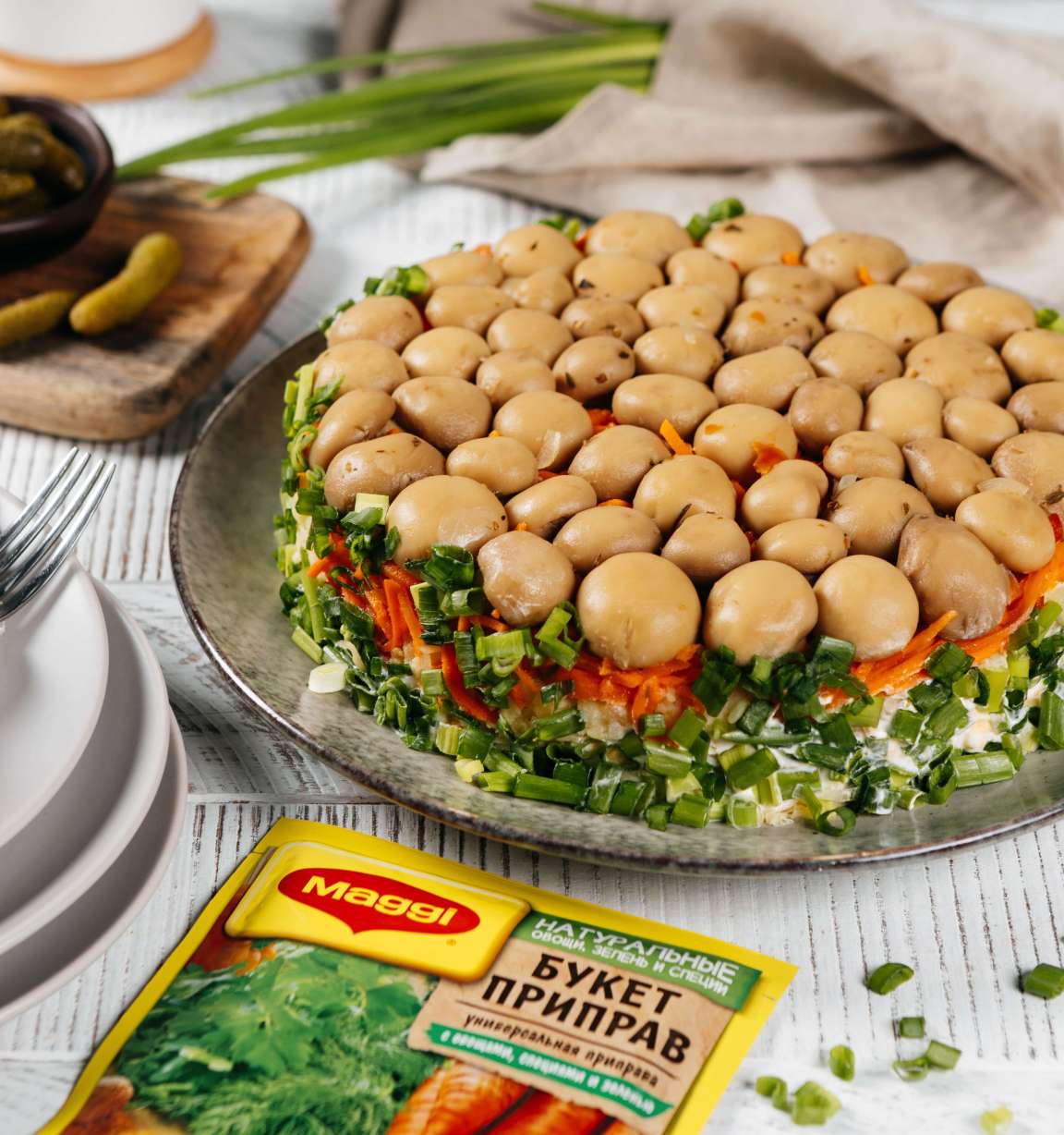 Салат "грибная поляна" с корейской морковью, шампиньонами и курицей - рецепт приготовления с фото от Maggi.ru