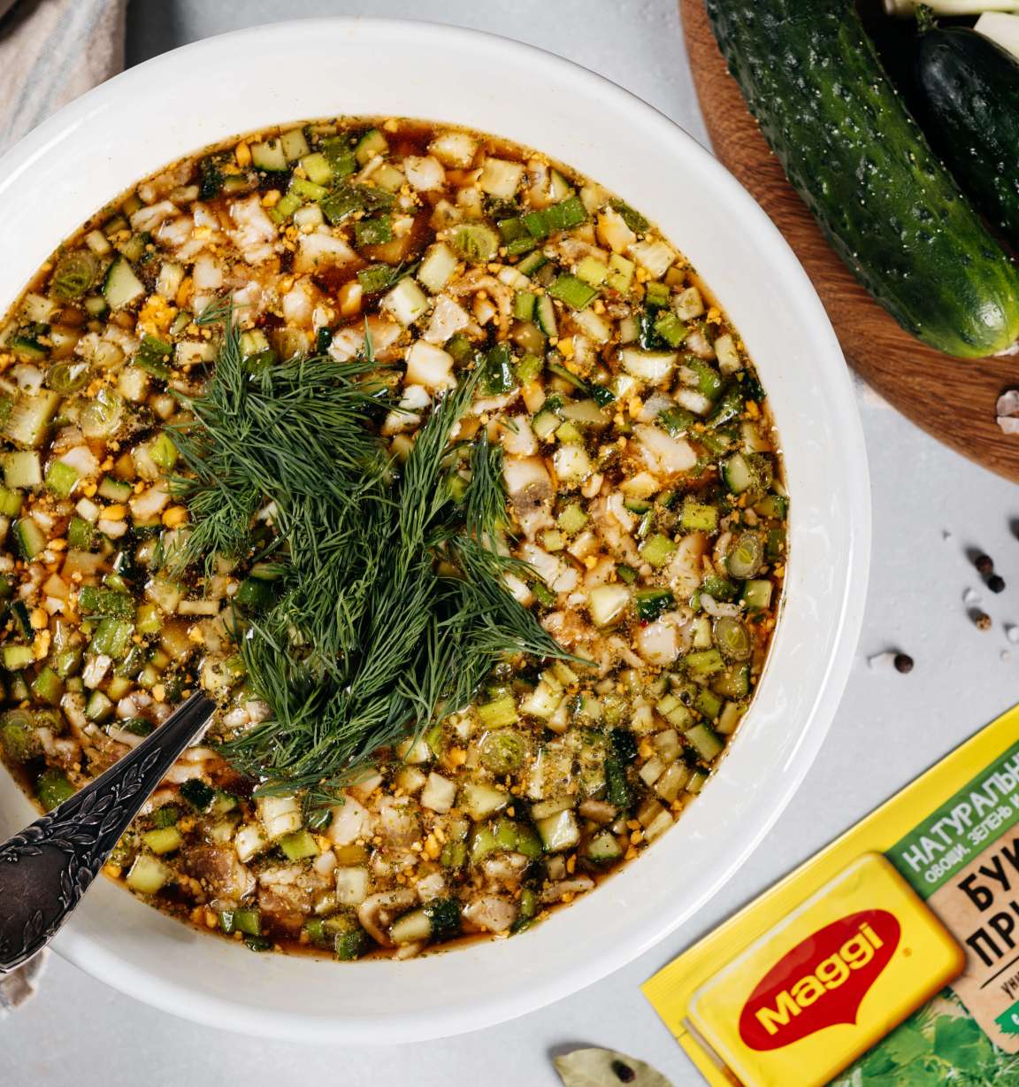 Деревенская окрошка с салом и картофелем на квасе, пошаговый рецепт с фото